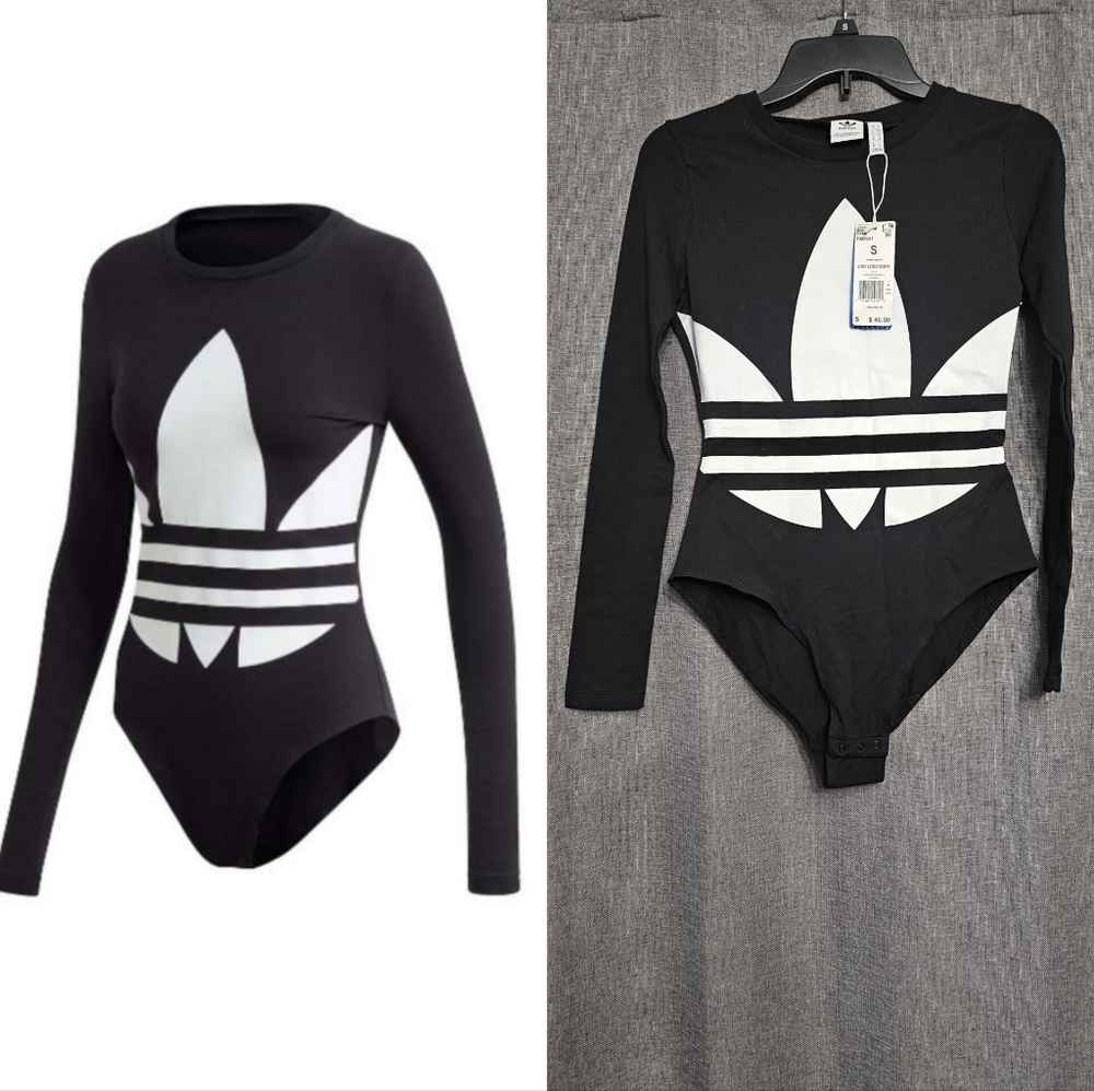 Adidas Original Big Trefoil Logo Bodysuit Size Small Black White New MSRP $45